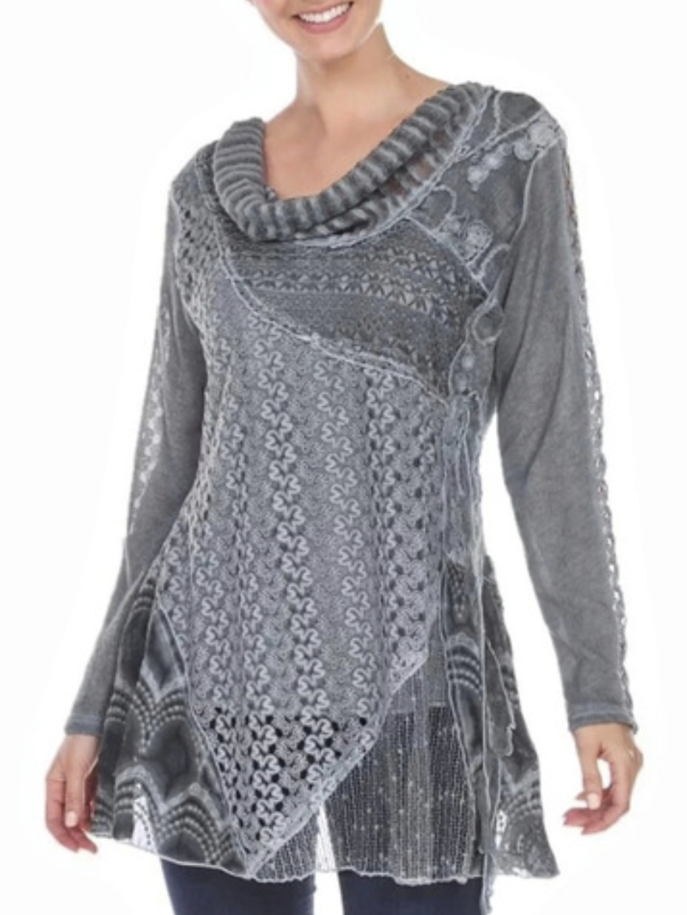 Simply Couture Lace Blouse Long Sleeve Cowl Neck Chiffon Layers